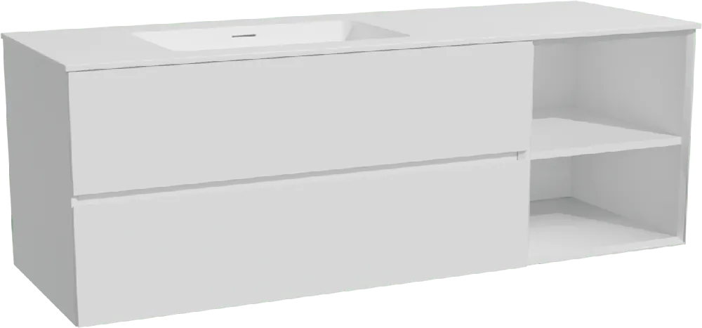 Storke Edge meuble salle de bains suspendu 150 x 52 cm blanc mat avec Mata plan vasque asymétrique à gauche en solid surface blanc mat