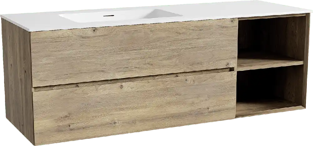 Storke Edge meuble salle de bains suspendu 150 x 52 cm chêne brut avec Mata plan vasque asymétrique à gauche en solid surface blanc mat