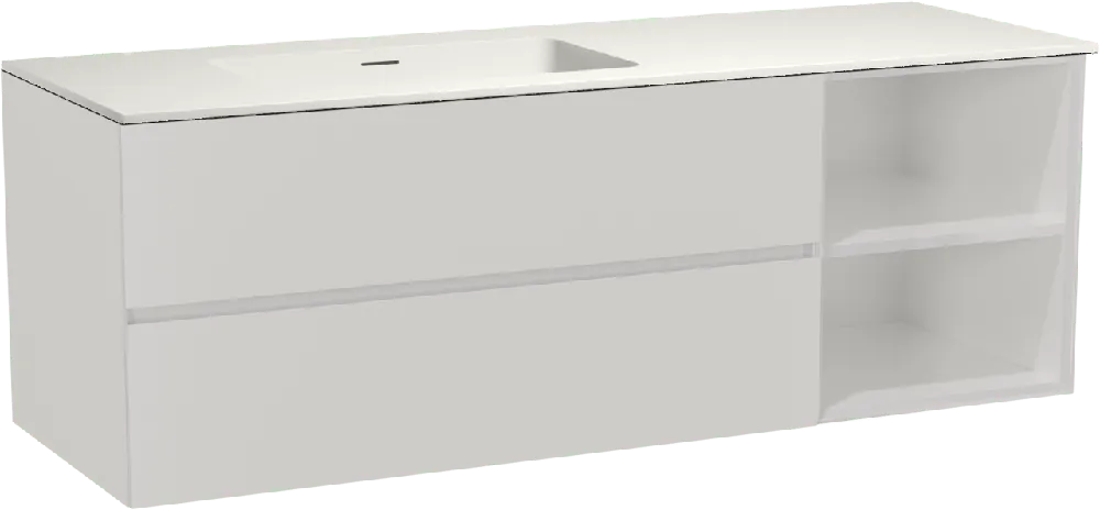 Storke Edge meuble salle de bains suspendu 150 x 52 cm blanc brillant avec Mata plan vasque asymétrique à gauche en solid surface blanc mat