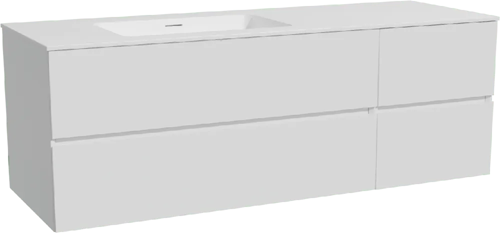 Storke Edge meuble salle de bains suspendu 150 x 52 cm blanc brillant avec Mata plan vasque asymétrique à gauche en solid surface blanc mat
