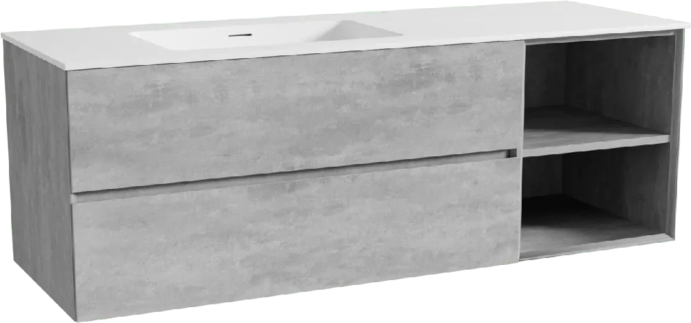 Storke Edge meuble salle de bains suspendu 150 x 52 cm béton gris foncé avec Mata plan vasque asymétrique à gauche en solid surface blanc mat