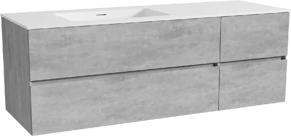 Storke Edge meuble salle de bains suspendu 150 x 52 cm béton gris foncé avec Mata plan vasque asymétrique à gauche en solid surface blanc mat