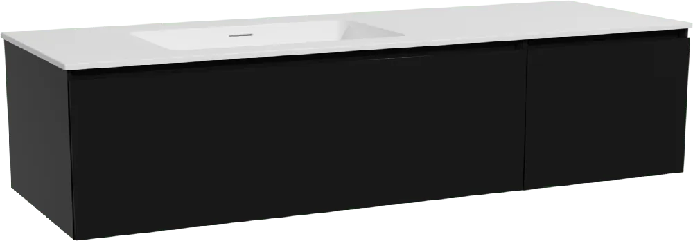 Storke Edge meuble salle de bains suspendu 150 x 52 cm noir mat avec Mata plan vasque asymétrique à gauche en solid surface blanc mat