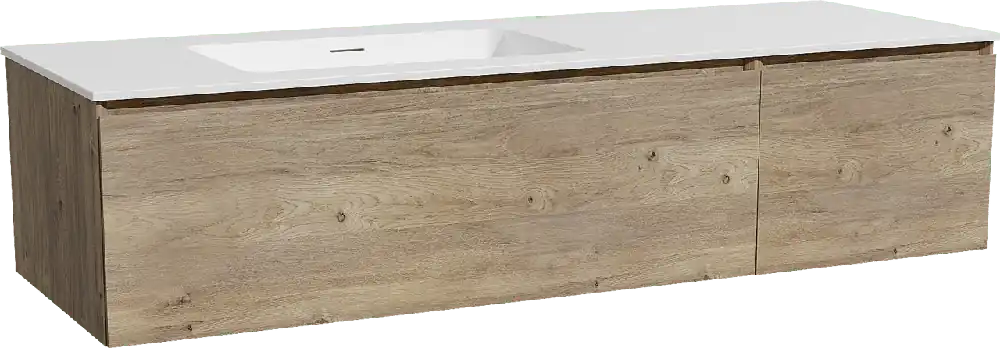 Storke Edge meuble salle de bains suspendu 150 x 52 cm chêne brut avec Mata plan vasque asymétrique à gauche en solid surface blanc mat