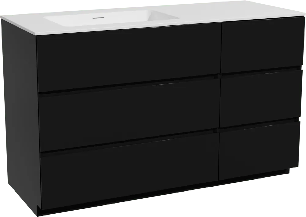 Storke Edge meuble salle de bains à poser 130 x 52 cm noir mat avec Mata plan vasque asymétrique à gauche en solid surface blanc mat