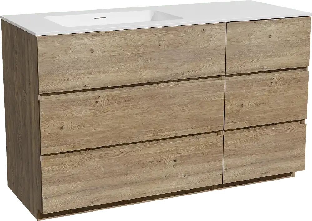 Storke Edge meuble salle de bains à poser 130 x 52 cm chêne brut avec Mata plan vasque asymétrique à gauche en solid surface blanc mat