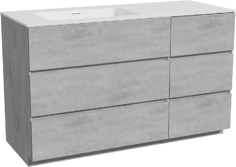 Storke Edge meuble salle de bains à poser 130 x 52 cm béton gris foncé avec Mata plan vasque asymétrique à gauche en solid surface blanc mat