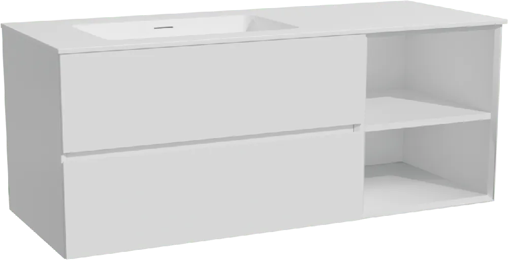 Storke Edge meuble salle de bains suspendu 130 x 52 cm blanc mat avec Mata plan vasque asymétrique à gauche en solid surface blanc mat