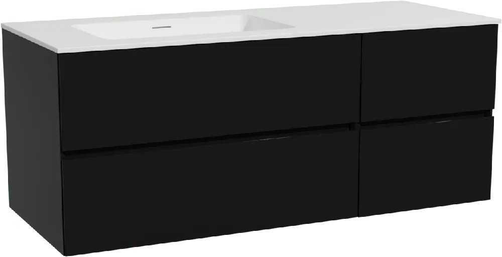 Storke Edge meuble salle de bains suspendu 130 x 52 cm noir mat avec Mata plan vasque asymétrique à gauche en solid surface blanc mat