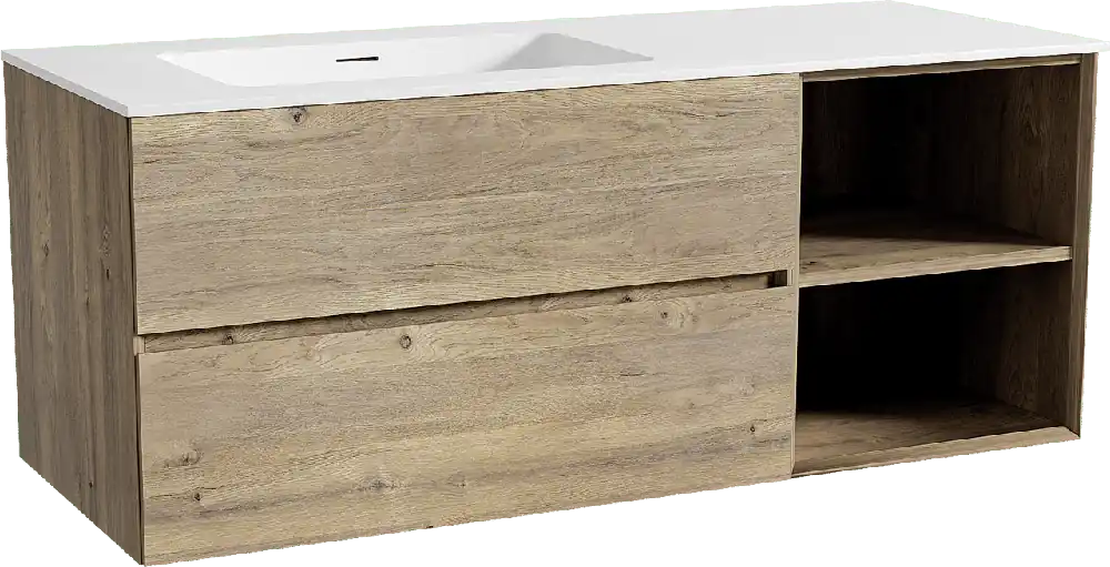 Storke Edge meuble salle de bains suspendu 130 x 52 cm chêne brut avec Mata plan vasque asymétrique à gauche en solid surface blanc mat