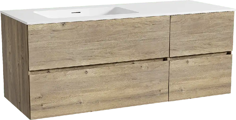 Storke Edge meuble salle de bains suspendu 130 x 52 cm chêne brut avec Mata plan vasque asymétrique à gauche en solid surface blanc mat