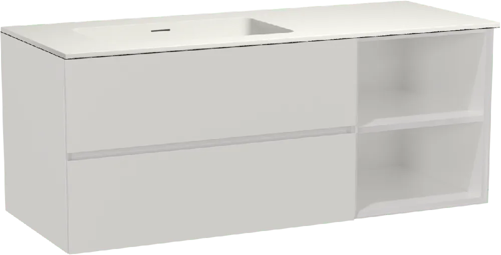 Storke Edge meuble salle de bains suspendu 130 x 52 cm blanc brillant avec Mata plan vasque asymétrique à gauche en solid surface blanc mat