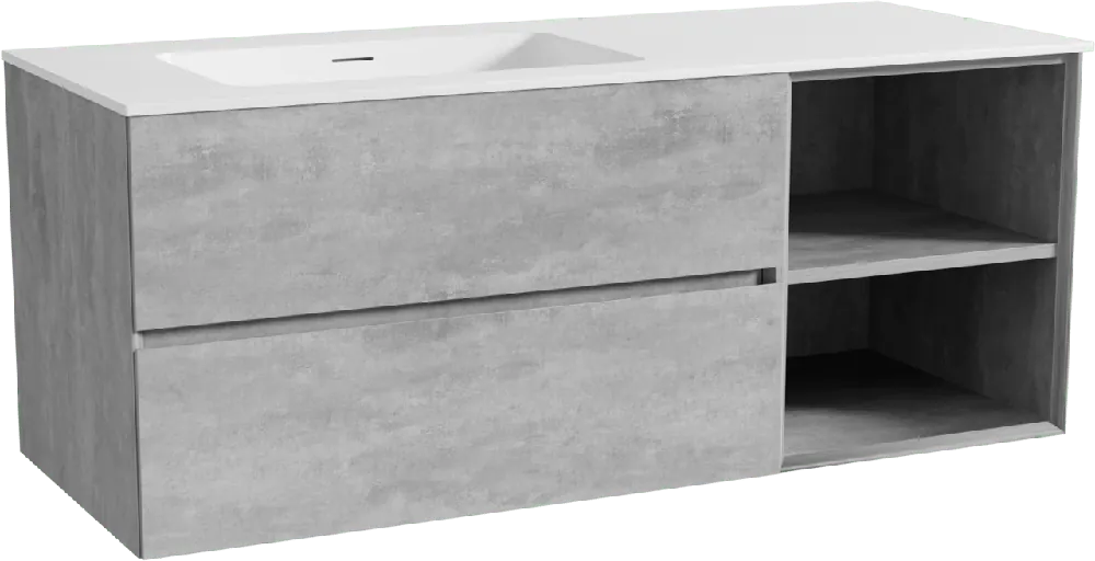 Storke Edge meuble salle de bains suspendu 130 x 52 cm béton gris foncé avec Mata plan vasque asymétrique à gauche en solid surface blanc mat