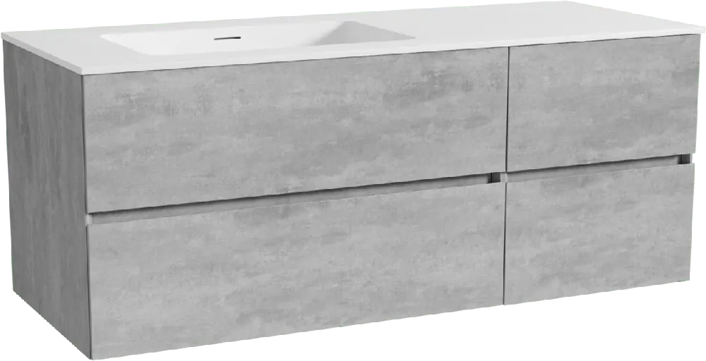 Storke Edge meuble salle de bains suspendu 130 x 52 cm béton gris foncé avec Mata plan vasque asymétrique à gauche en solid surface blanc mat