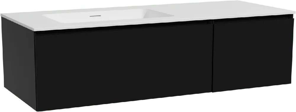 Storke Edge meuble salle de bains suspendu 130 x 52 cm noir mat avec Mata plan vasque asymétrique à gauche en solid surface blanc mat