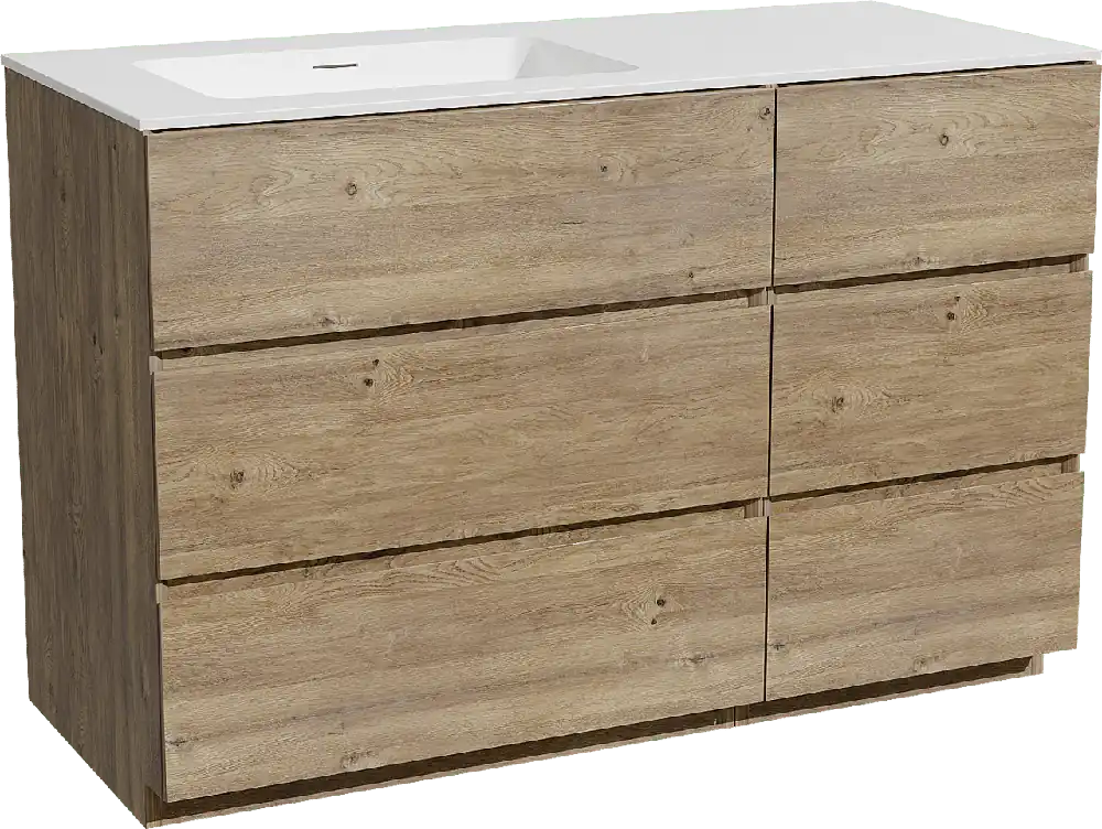 Storke Edge meuble salle de bains à poser 120 x 52 cm chêne brut avec Mata plan vasque asymétrique à gauche en solid surface blanc mat