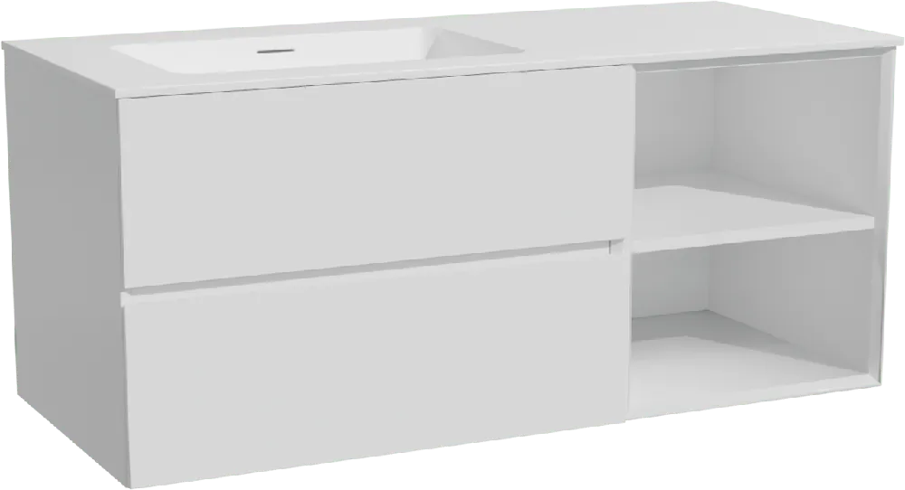 Storke Edge meuble salle de bains suspendu 120 x 52 cm blanc mat avec Mata plan vasque asymétrique à gauche en solid surface blanc mat