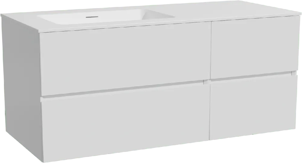 Storke Edge meuble salle de bains suspendu 120 x 52 cm blanc mat avec Mata plan vasque asymétrique à gauche en solid surface blanc mat