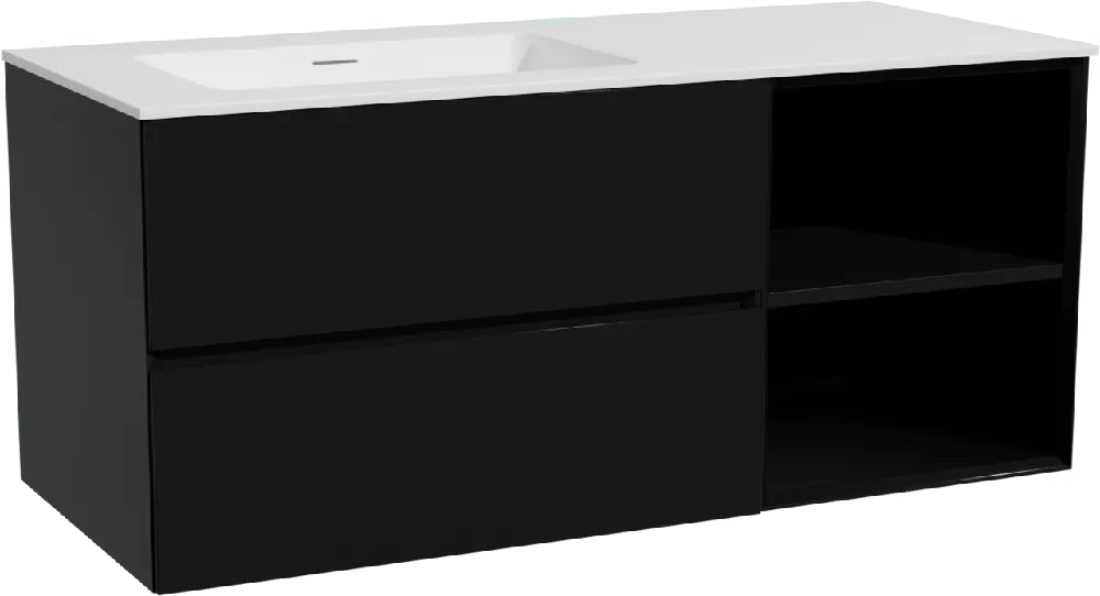 Storke Edge meuble salle de bains suspendu 120 x 52 cm noir mat avec Mata plan vasque asymétrique à gauche en solid surface blanc mat