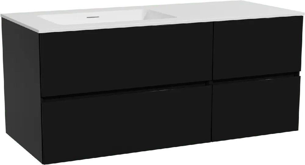 Storke Edge meuble salle de bains suspendu 120 x 52 cm noir mat avec Mata plan vasque asymétrique à gauche en solid surface blanc mat