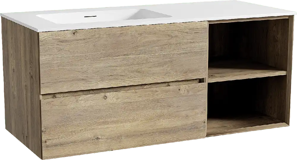 Storke Edge meuble salle de bains suspendu 120 x 52 cm chêne brut avec Mata plan vasque asymétrique à gauche en solid surface blanc mat