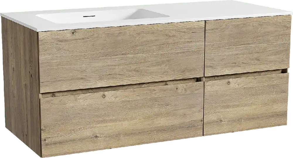 Storke Edge meuble salle de bains suspendu 120 x 52 cm chêne brut avec Mata plan vasque asymétrique à gauche en solid surface blanc mat