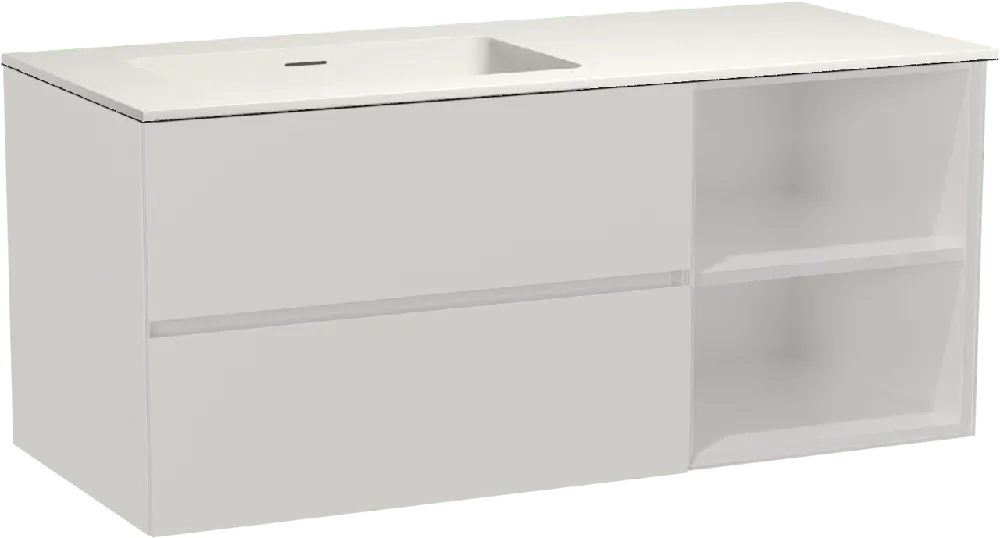 Storke Edge meuble salle de bains suspendu 120 x 52 cm blanc brillant avec Mata plan vasque asymétrique à gauche en solid surface blanc mat