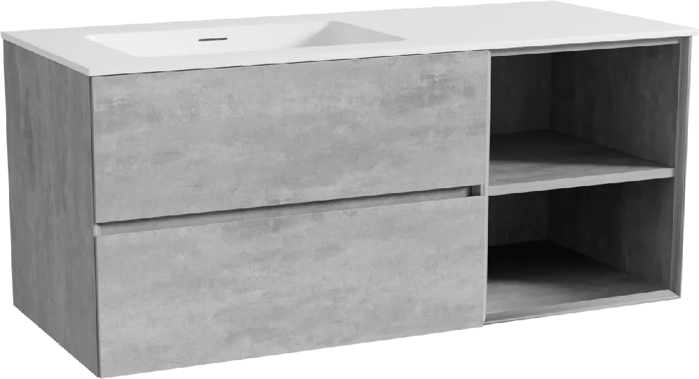 Storke Edge meuble salle de bains suspendu 120 x 52 cm béton gris foncé avec Mata plan vasque asymétrique à gauche en solid surface blanc mat