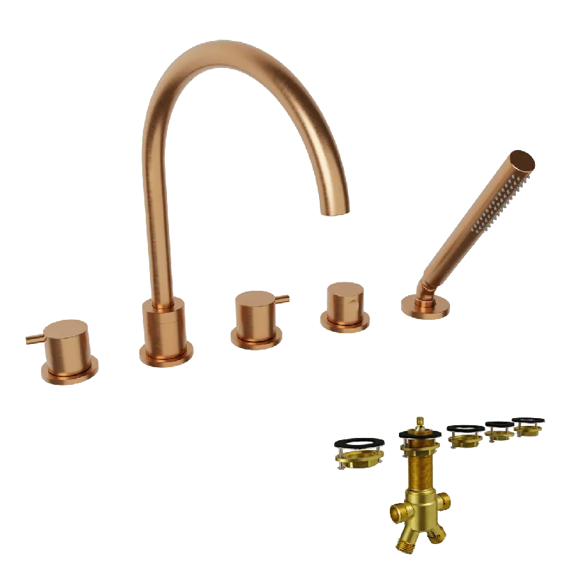 Blaufoss Round 5 trous Robinet de baignoire sur gorge Brushed Rosegold set douchette incl.
