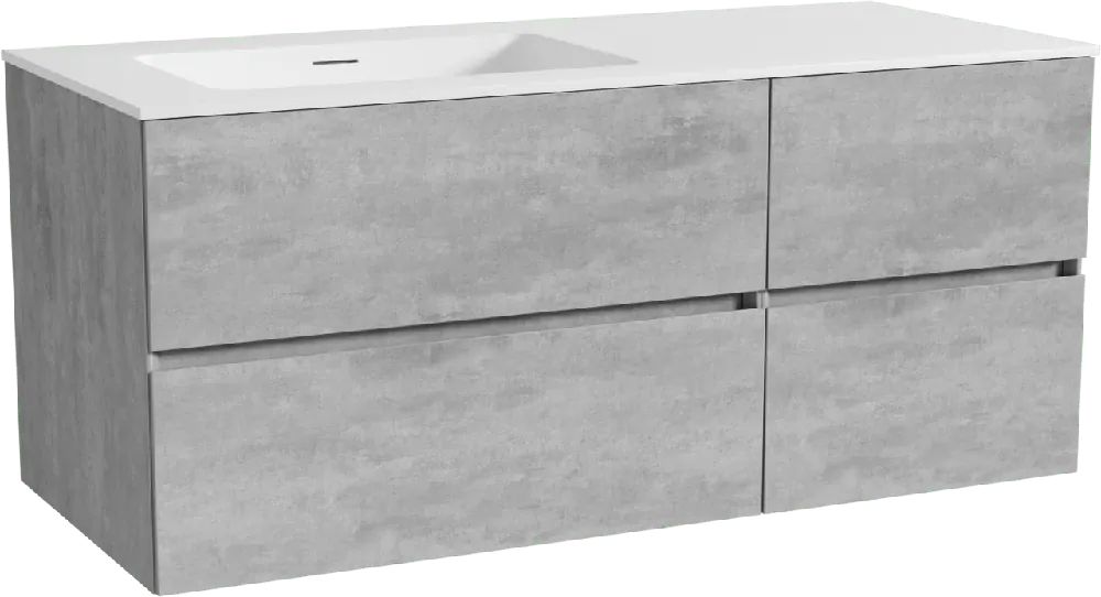 Storke Edge meuble salle de bains suspendu 120 x 52 cm béton gris foncé avec Mata plan vasque asymétrique à gauche en solid surface blanc mat