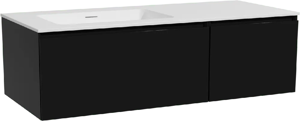 Storke Edge meuble salle de bains suspendu 120 x 52 cm noir mat avec Mata plan vasque asymétrique à gauche en solid surface blanc mat