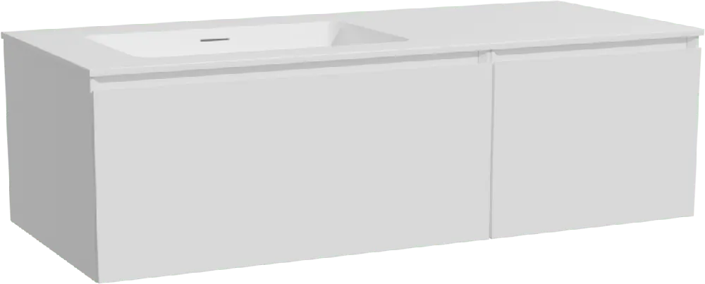 Storke Edge meuble salle de bains suspendu 120 x 52 cm blanc mat avec Mata plan vasque asymétrique à gauche en solid surface blanc mat