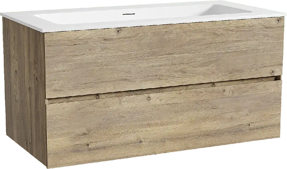 Storke Edge meuble salle de bains suspendu 105 x 52 cm chêne brut avec Mata plan simple pour 2 trous de robinet en solid surface blanc mat