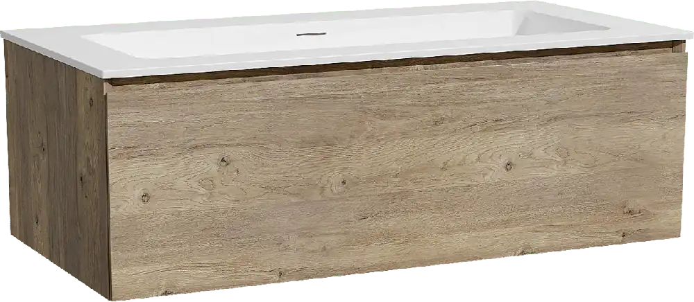 Storke Edge meuble salle de bains suspendu 105 x 52 cm chêne brut avec Mata plan simple pour 2 trous de robinet en solid surface blanc mat