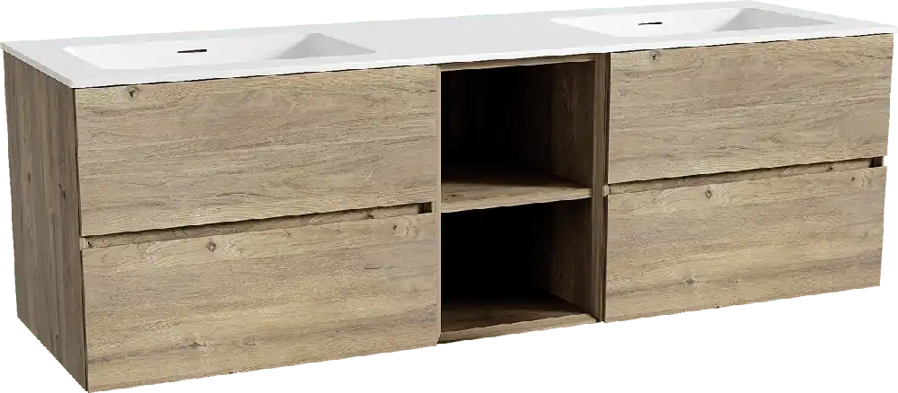 Storke Edge meuble salle de bains suspendu 165 x 52 cm chêne brut avec Mata double vasque en solid surface blanc mat