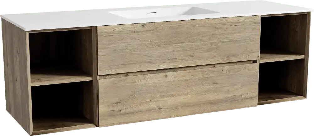 Storke Edge meuble salle de bains suspendu 165 x 52 cm chêne brut avec Mata plan simple en solid surface blanc mat