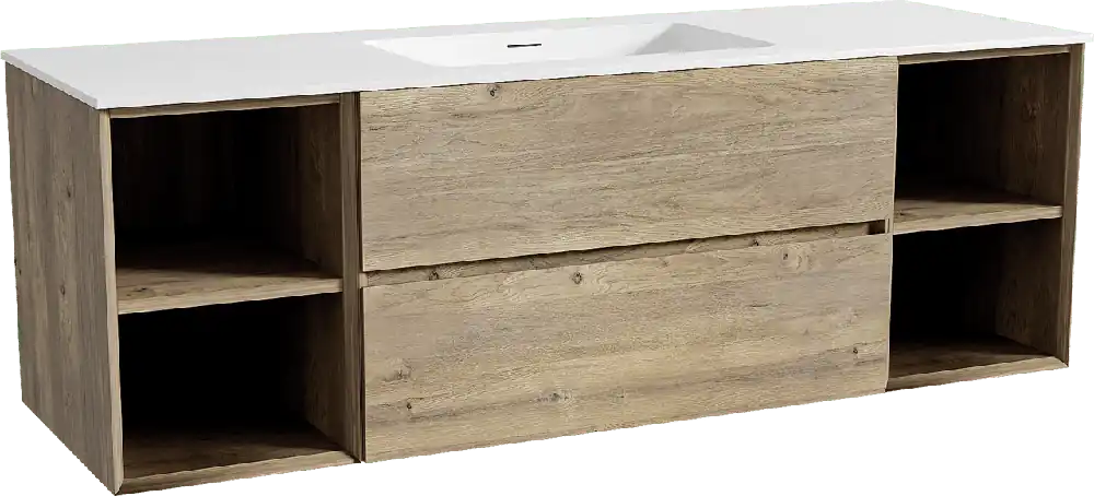 Storke Edge meuble salle de bains suspendu 155 x 52 cm chêne brut avec Mata plan simple en solid surface blanc mat