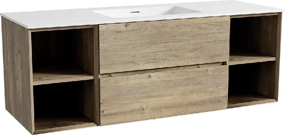 Storke Edge meuble salle de bains suspendu 145 x 52 cm chêne brut avec Mata plan simple en solid surface blanc mat