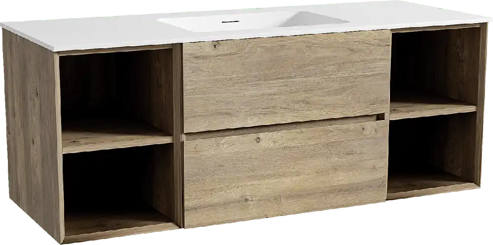 Storke Edge meuble salle de bains suspendu 135 x 52 cm chêne brut avec Mata plan simple en solid surface blanc mat