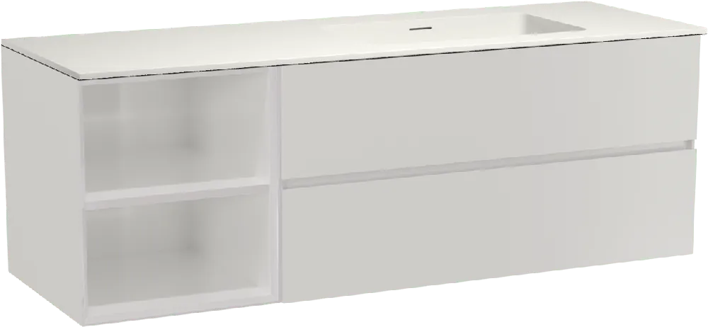 Storke Edge meuble salle de bains suspendu 150 x 52 cm blanc brillant avec Mata plan vasque asymétrique à droite en solid surface blanc mat