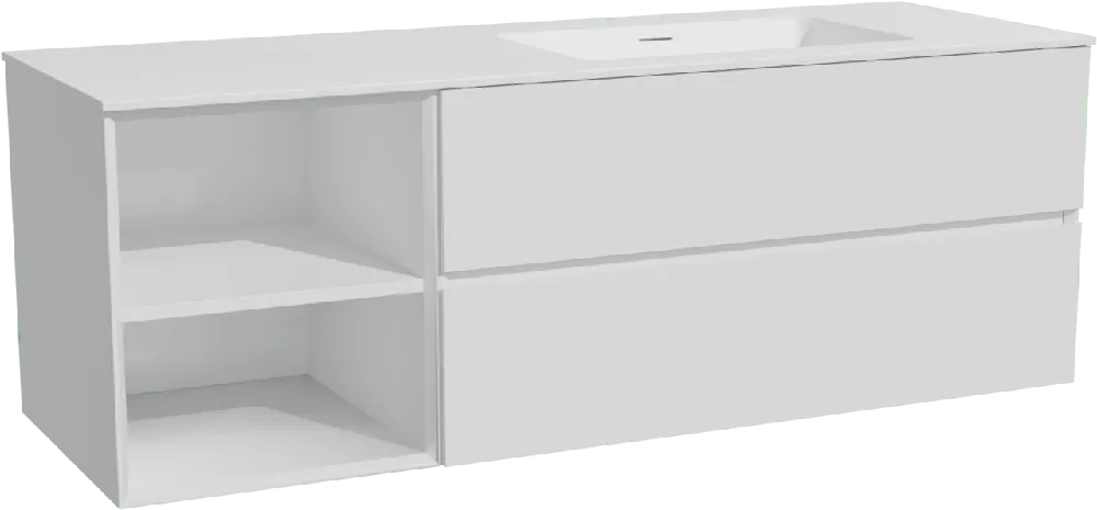 Storke Edge meuble salle de bains suspendu 150 x 52 cm blanc mat avec Mata plan vasque asymétrique à droite en solid surface blanc mat