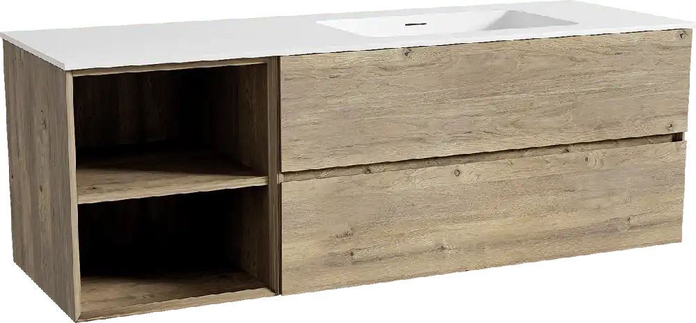 Storke Edge meuble salle de bains suspendu 150 x 52 cm chêne brut avec Mata plan vasque asymétrique à droite en solid surface blanc mat