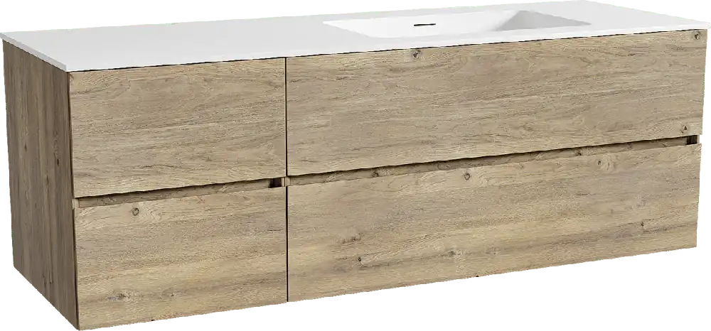 Storke Edge meuble salle de bains suspendu 150 x 52 cm chêne brut avec Mata plan vasque asymétrique à droite en solid surface blanc mat