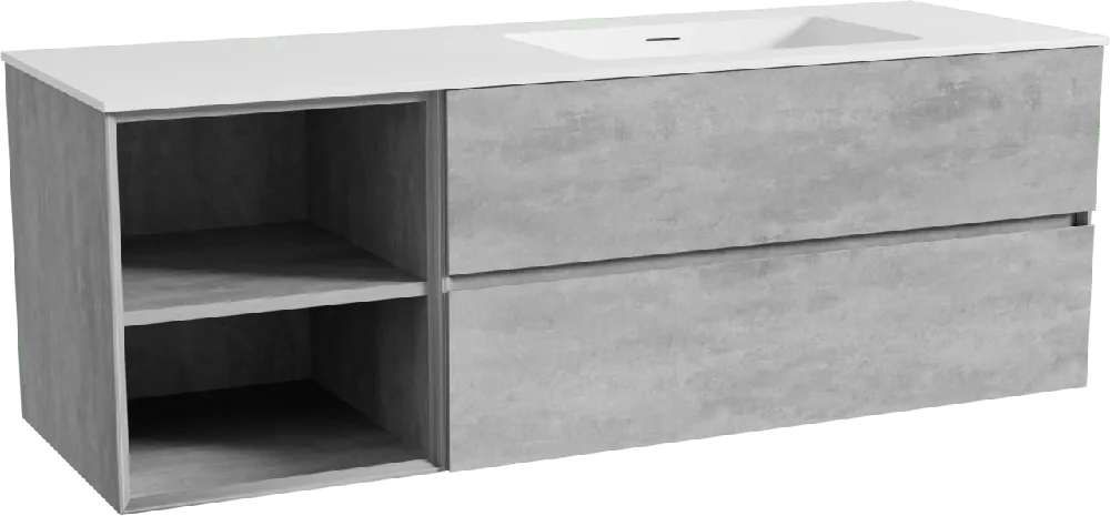 Storke Edge meuble salle de bains suspendu 150 x 52 cm béton gris foncé avec Mata plan vasque asymétrique à droite en solid surface blanc mat
