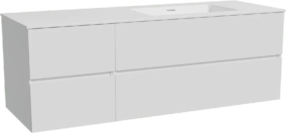 Storke Edge meuble salle de bains suspendu 150 x 52 cm blanc brillant avec Mata plan vasque asymétrique à droite en solid surface blanc mat
