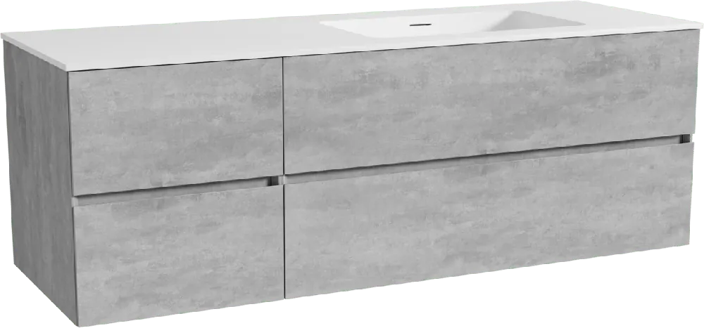 Storke Edge meuble salle de bains suspendu 150 x 52 cm béton gris foncé avec Mata plan vasque asymétrique à droite en solid surface blanc mat