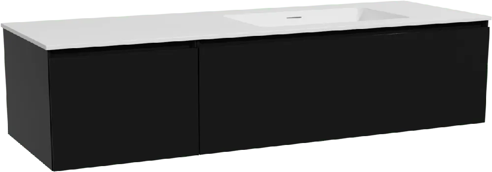 Storke Edge meuble salle de bains suspendu 150 x 52 cm noir mat avec Mata plan vasque asymétrique à droite en solid surface blanc mat