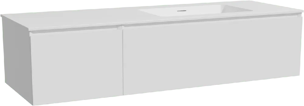 Storke Edge meuble salle de bains suspendu 150 x 52 cm blanc mat avec Mata plan vasque asymétrique à droite en solid surface blanc mat