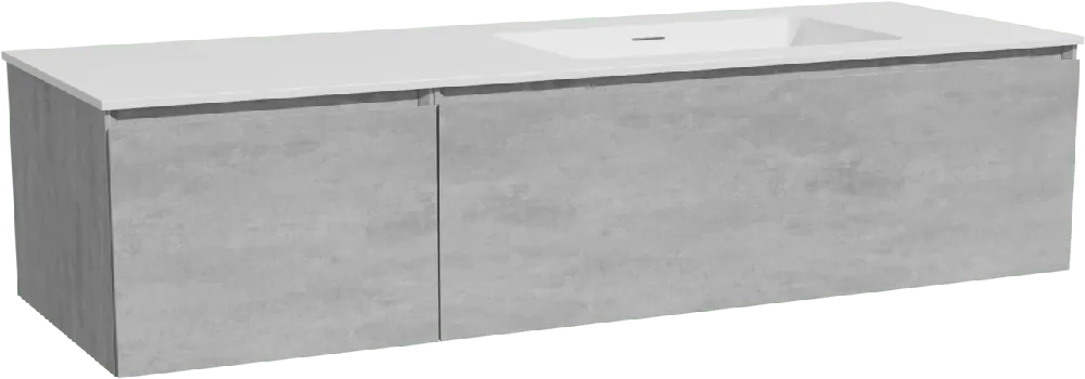 Storke Edge meuble salle de bains suspendu 150 x 52 cm béton gris foncé avec Mata plan vasque asymétrique à droite en solid surface blanc mat