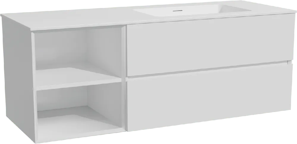 Storke Edge meuble salle de bains suspendu 140 x 52 cm blanc mat avec Mata plan vasque asymétrique à droite en solid surface blanc mat
